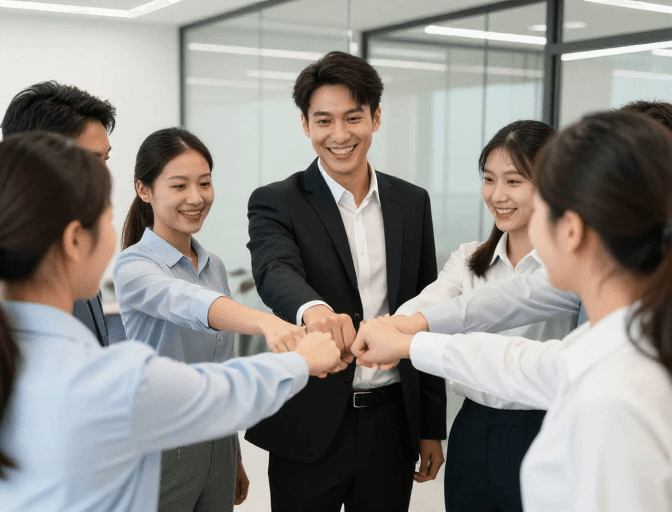 现代办公室素材：团队协作庆祝：六位职场伙伴高光时刻