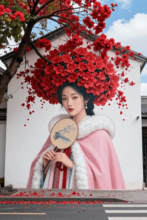 国风壁画素材：唐风国韵：街头墙绘中的唯美佳人