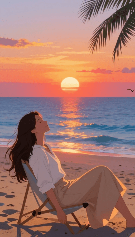 动漫插画素材：落日海滩上的宁静休憩