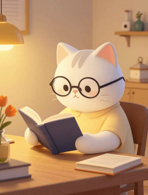 书房阅读素材：戴眼镜猫咪深夜读书：温暖插画风