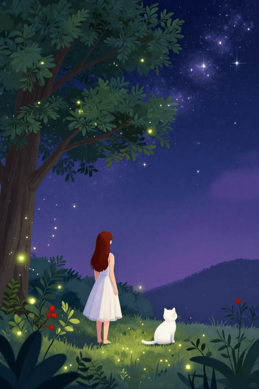 视觉留白素材：梦幻夜林插画：星河光影下的静谧少女与白猫