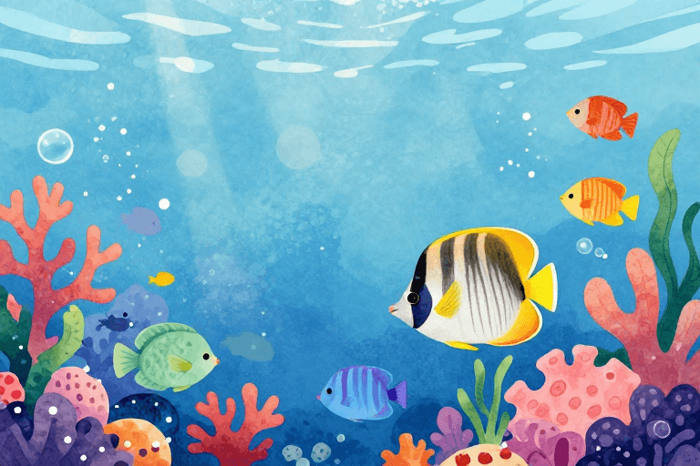 梦幻水彩素材：梦幻水彩海洋生物插画：清新童趣海底场景