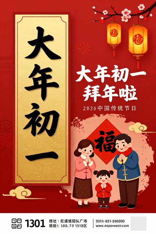 新年祝福素材：红金中国风春节海报：大年初一拜年祝福