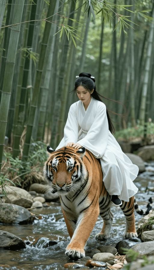 文化元素素材：古韵竹林：白衣侠女御虎英姿
