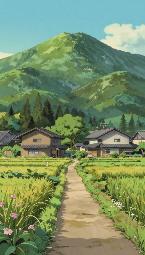风景插画素材：宫崎骏风朝霞下的宁静山村与稻田