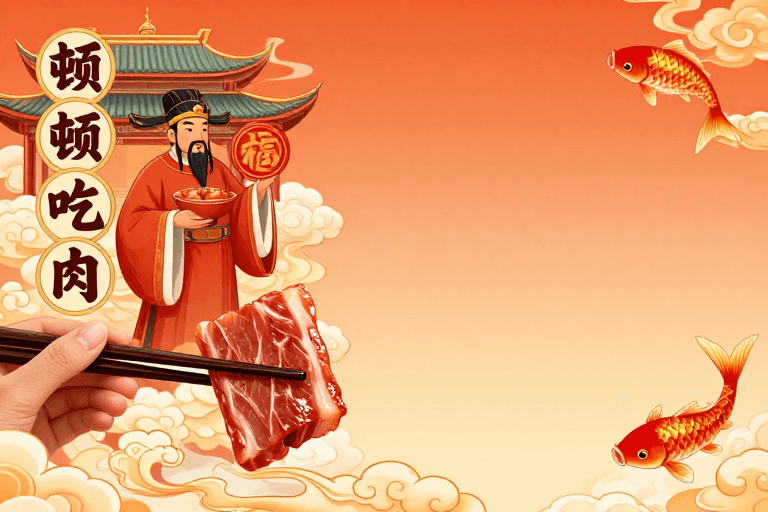 中式官员素材：红袍官祝福肉宴，中式吉祥插画风