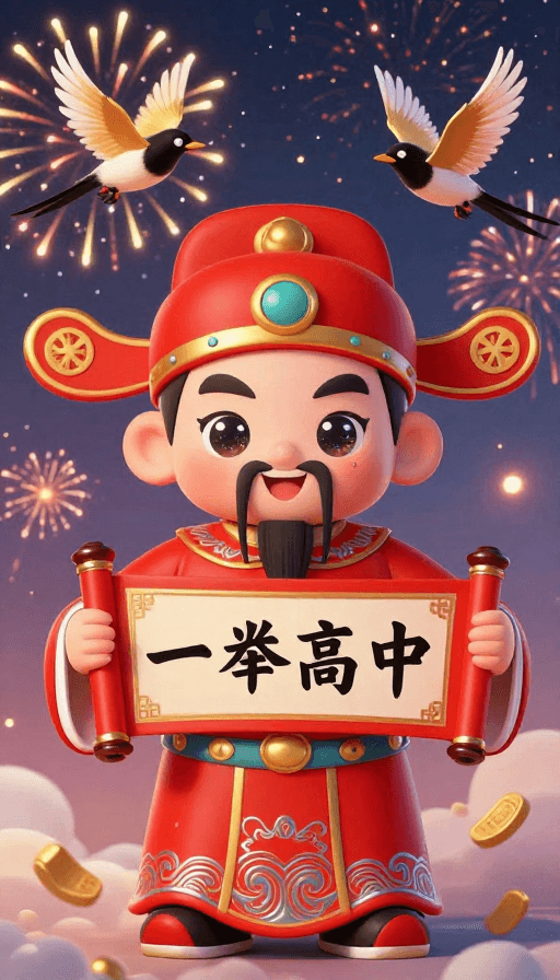 喜庆插画素材：喜庆Q版状元郎烟花背景图