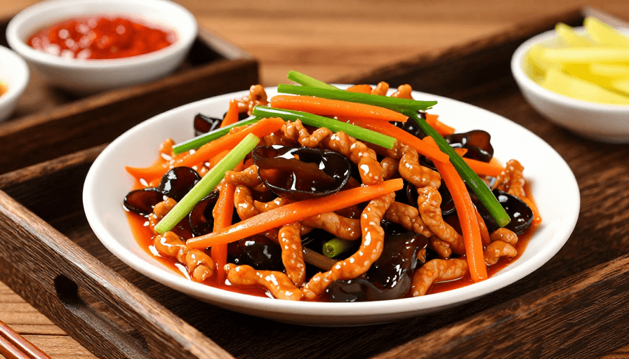 餐桌布置素材：鱼香肉丝美食摄影：金黄油亮暖光呈现中式烹饪魅力