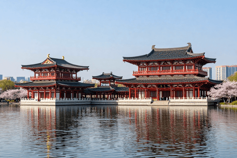 传统与现代融合素材：唐代古建映湖樱，古今辉映美如画