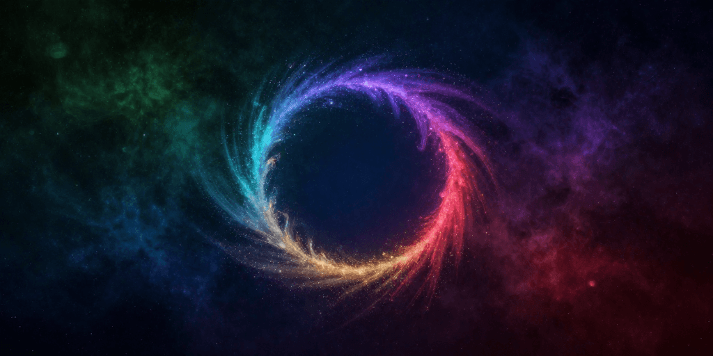 粒子特效素材：深邃宇宙中的彩色粒子光环，梦幻科幻风格背景