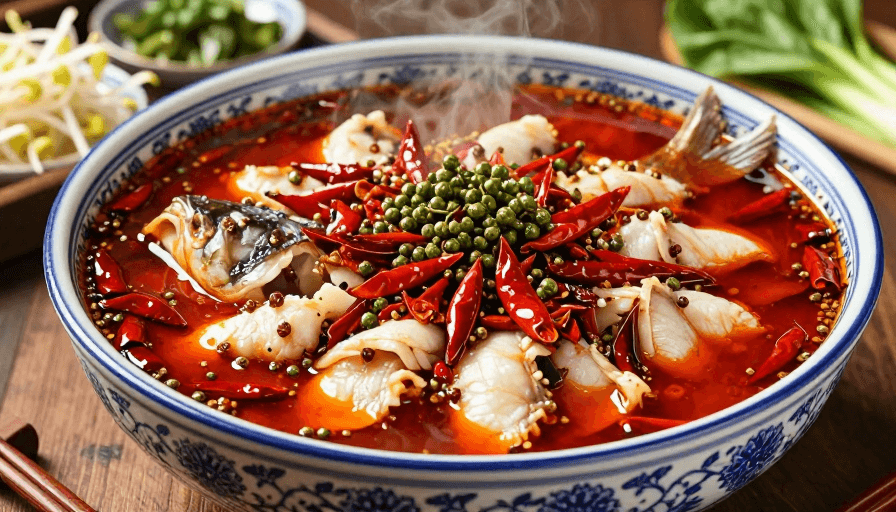 诱人食欲素材：青瓷碗中沸腾的川式水煮鱼，鲜辣诱人