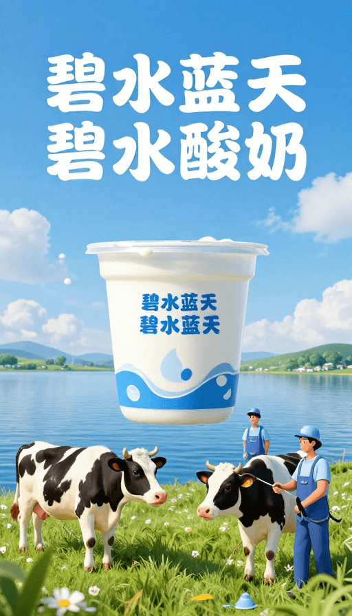 清新插画素材：碧蓝自然里，奶牛与工人共酿天然酸奶