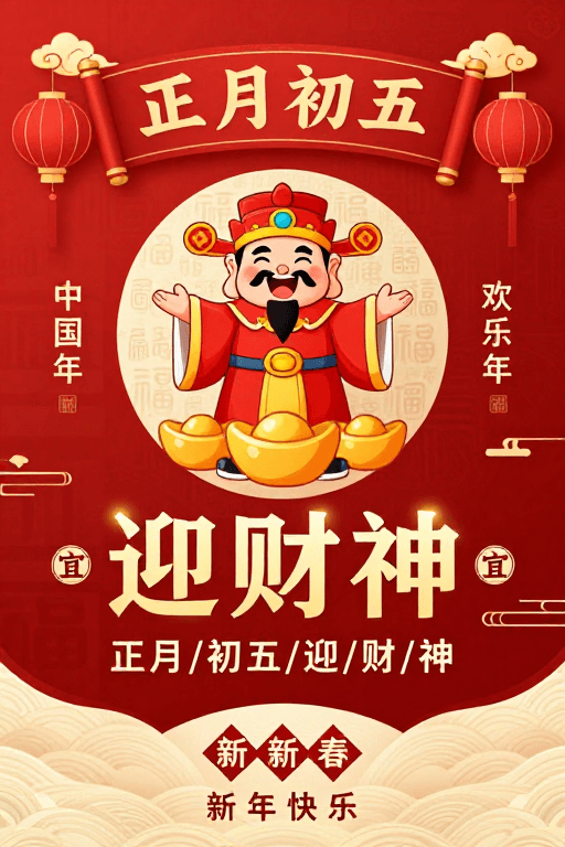 喜庆风格素材：春节迎财神海报：现代插画融合传统喜庆氛围