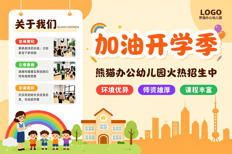 橙色主题素材：熊猫办公幼儿园招生海报：温馨橙黄童趣设计