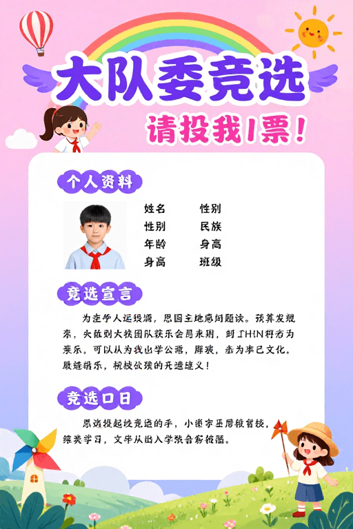 信息展示素材：少先队竞选海报：梦幻童趣风设计
