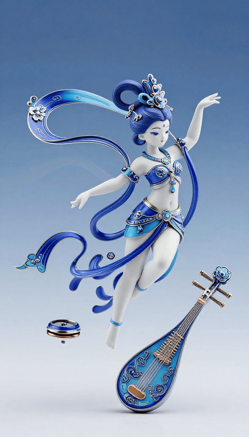 国风艺术素材：青花瓷韵飞天：国风3D手办艺术