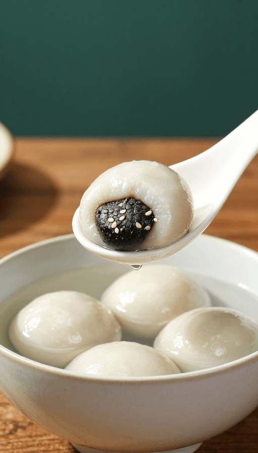 黑芝麻汤圆素材：黑芝麻汤圆特写：传统节庆美食的诱人呈现