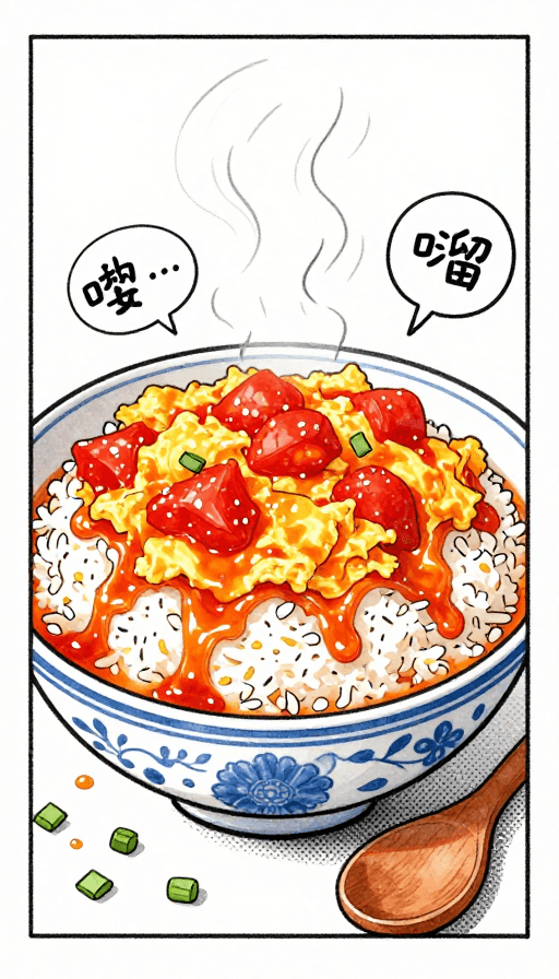手绘漫画素材：手绘漫画风：青花瓷碗西红柿炒蛋盖浇饭