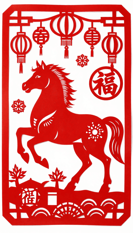 文化符号素材：马年剪纸艺术：传统吉祥图案