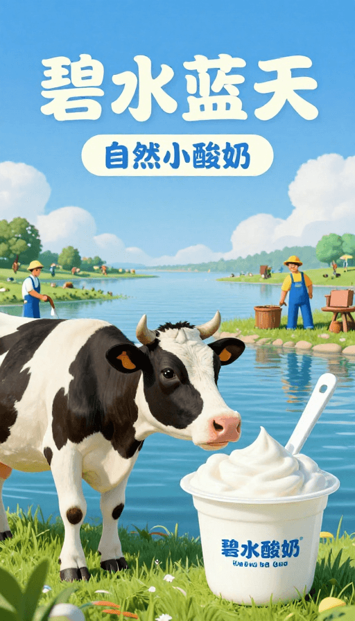 户外风景素材：碧水蓝天下的清新酸奶：小奶牛与工人的温馨海报