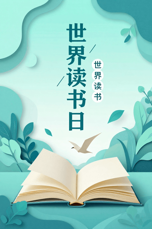 蓝绿色调素材：蓝绿纸艺剪影：世界读书日智慧与自然共生的海报