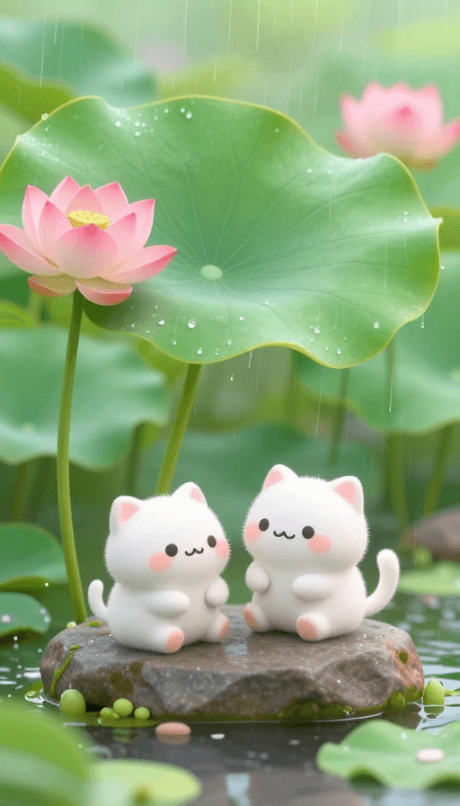 萌宠特写素材：萌系治愈：雨荷下两只小白猫的温馨特写