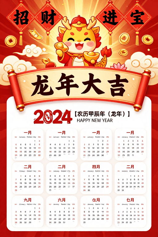 喜庆红金素材：2024龙年春节红金喜庆日历海报