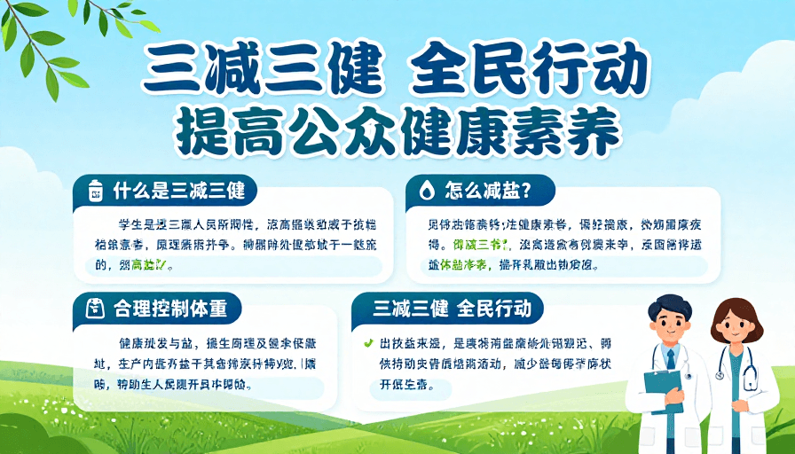 蓝绿色调素材：清新蓝绿风健康科普海报：三减三健全民行动推广