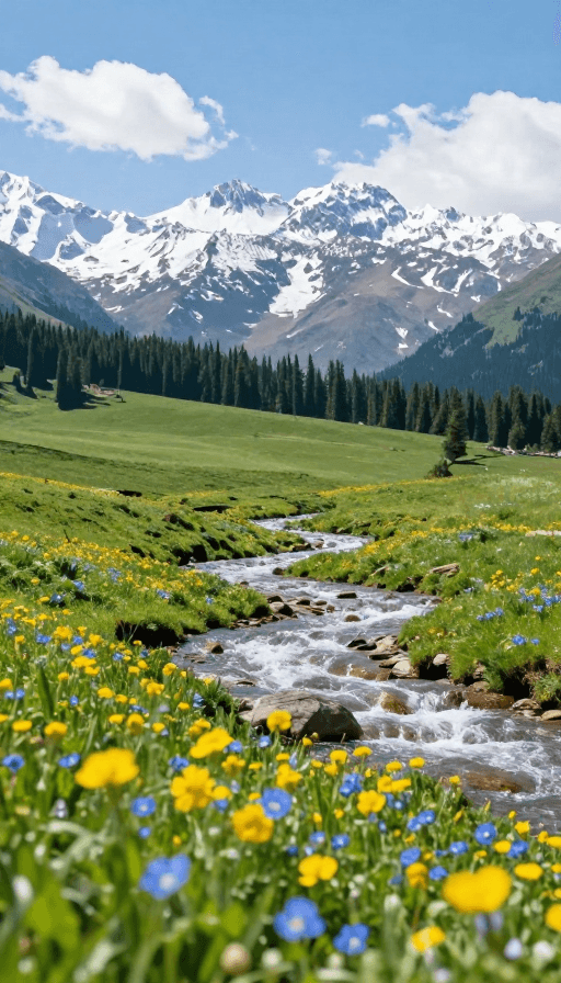 户外景观素材：雪山草甸野花：自然光影下的纯净旅途