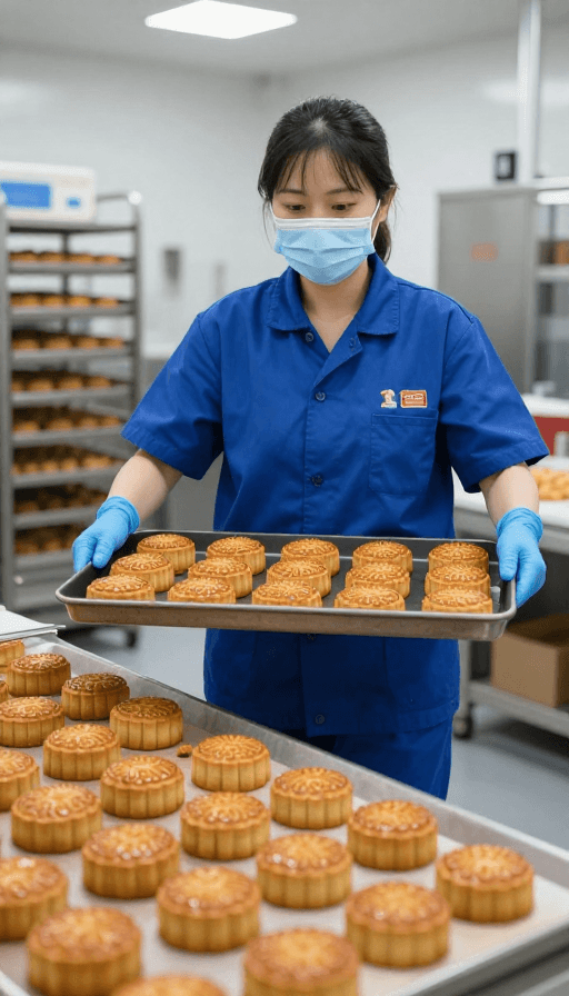 工业摄影素材：金黄诱人月饼实拍：工厂生产线高清展示