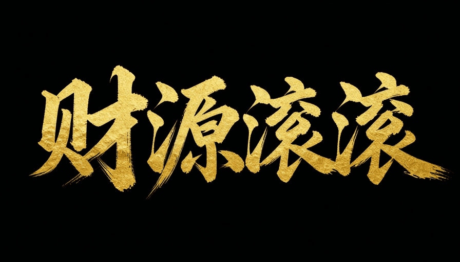 黑色背景素材：金色行草书法‘财源滚滚’，黑金对比凸显富贵吉祥