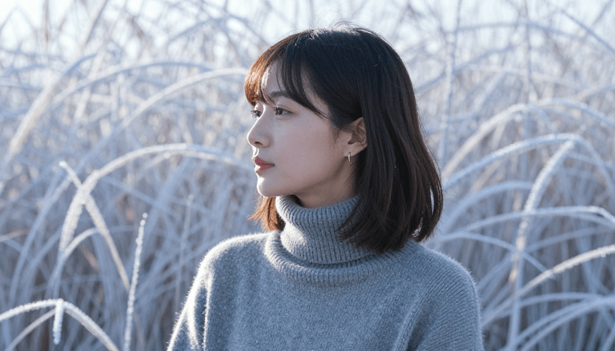 浅景深虚化素材：冬日冷调：霜冻枯草间的优雅女性侧影