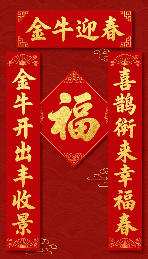 春节素材：金牛迎春福字图 传统中国风春节对联设计