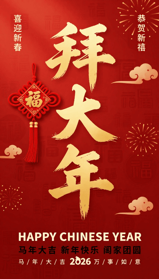 2026春节素材：2026马年新春海报：金红中国风喜庆祝福