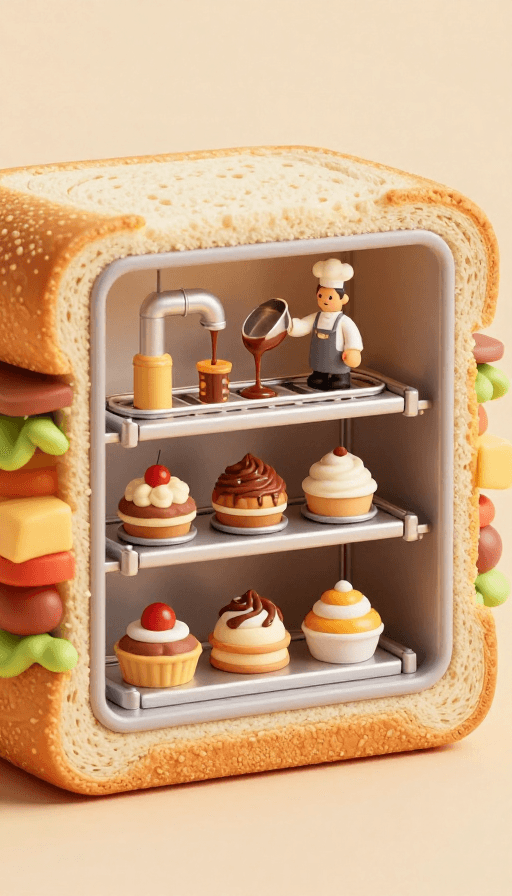 3D动画素材：三明治里的温馨甜蜜工坊：三层美食制造