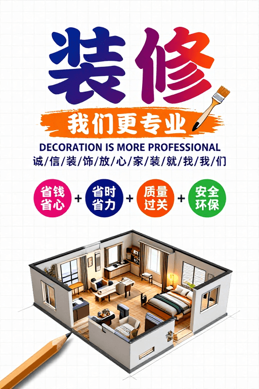 品质承诺素材：专业装修服务宣传海报，展现设计细节与品质承诺
