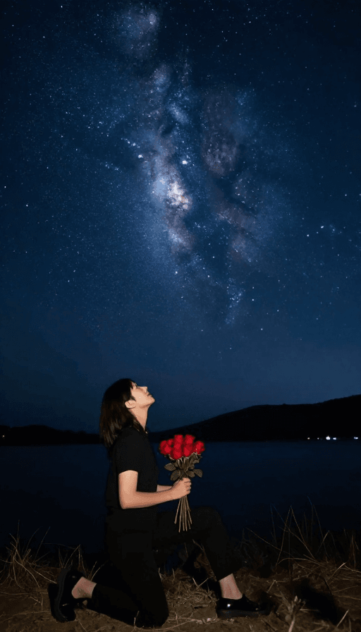 爱情主题素材：星空下深情告白：手持玫瑰的理想情缘