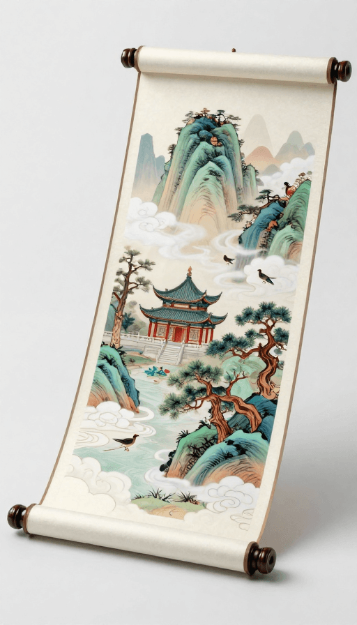传统建筑素材：中国神话卷轴全景风景写实画