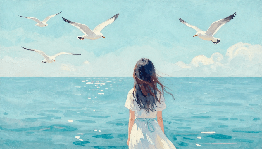 艺术装饰素材：青蓝梦境：少女背脊与海鸥的超现实海境