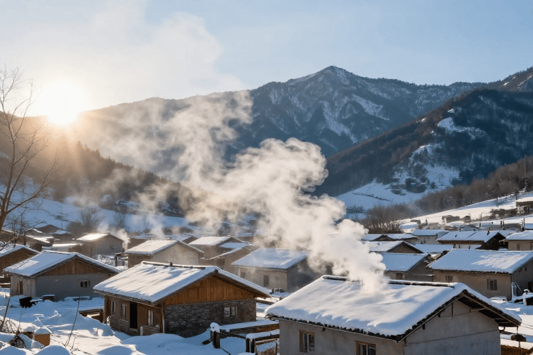 冬日雪景素材：炊烟袅袅映暖阳，雪山静默护乡野