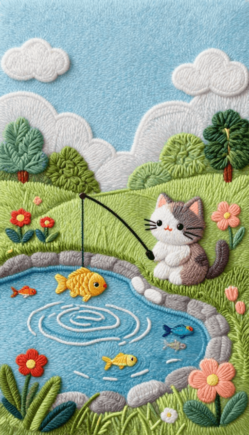 拟人化猫咪素材：毛绒线绘养鱼池景：猫咪垂钓锦鲤跃水画卷