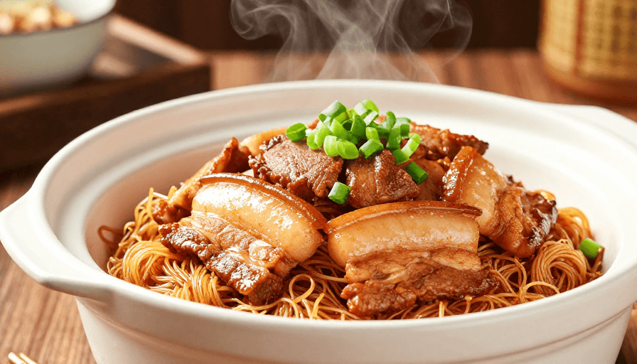 中式美食素材：金黄粉蒸肉热气腾腾，中式美食诱人呈现
