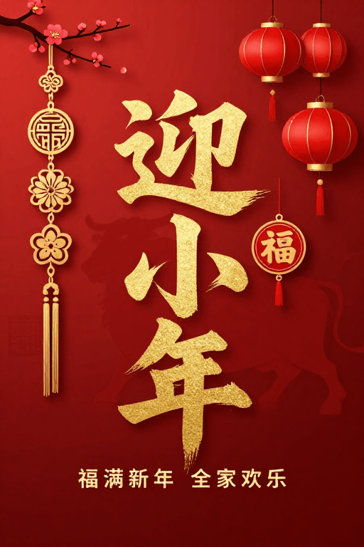 迎新年素材：迎小年中国风新年海报，烫金书法配传统挂饰