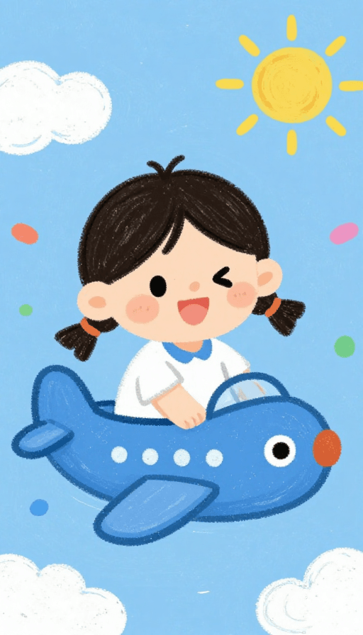 艺术创作素材：童趣蓝天：肌理风手绘开心孩童乘飞机