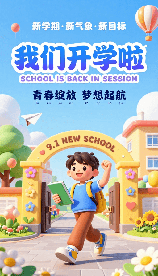 3D卡通插画素材：明亮清新3D开学卡通插画海报
