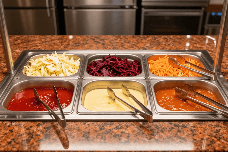 暖光摄影素材：精致自助沙拉盛宴：不锈钢餐盘上的视觉艺术