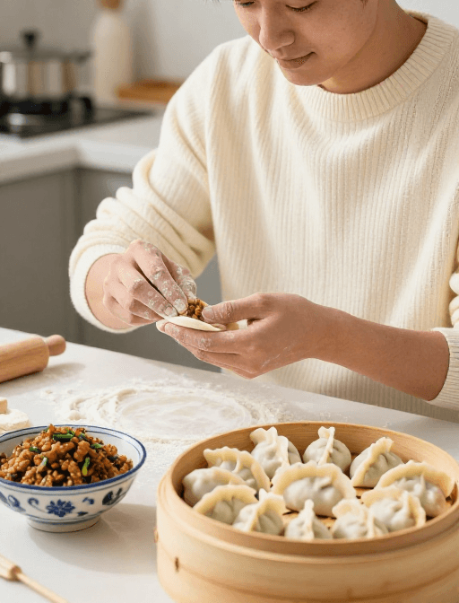 现代厨房素材：温馨家庭包饺子：青年男子专注制作美食瞬间