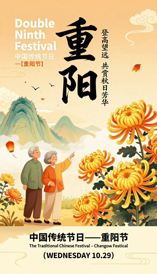 重阳节素材：重阳佳节·温暖秋日国风插画海报