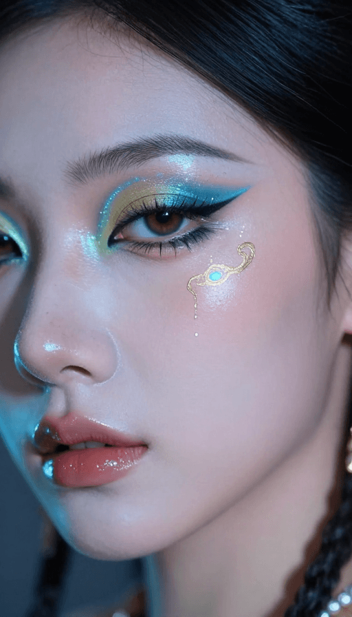 时尚插画素材：赛博朋克眼妆邂逅敦煌飞天：冷调光影下的未来东方美学