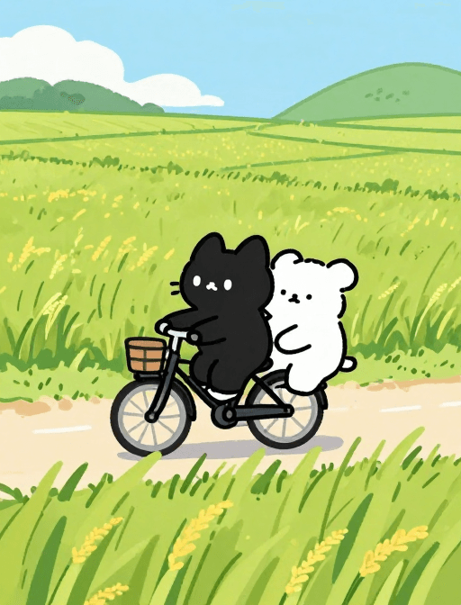 二次元素材：治愈系简笔画：黑猫白熊稻田骑行